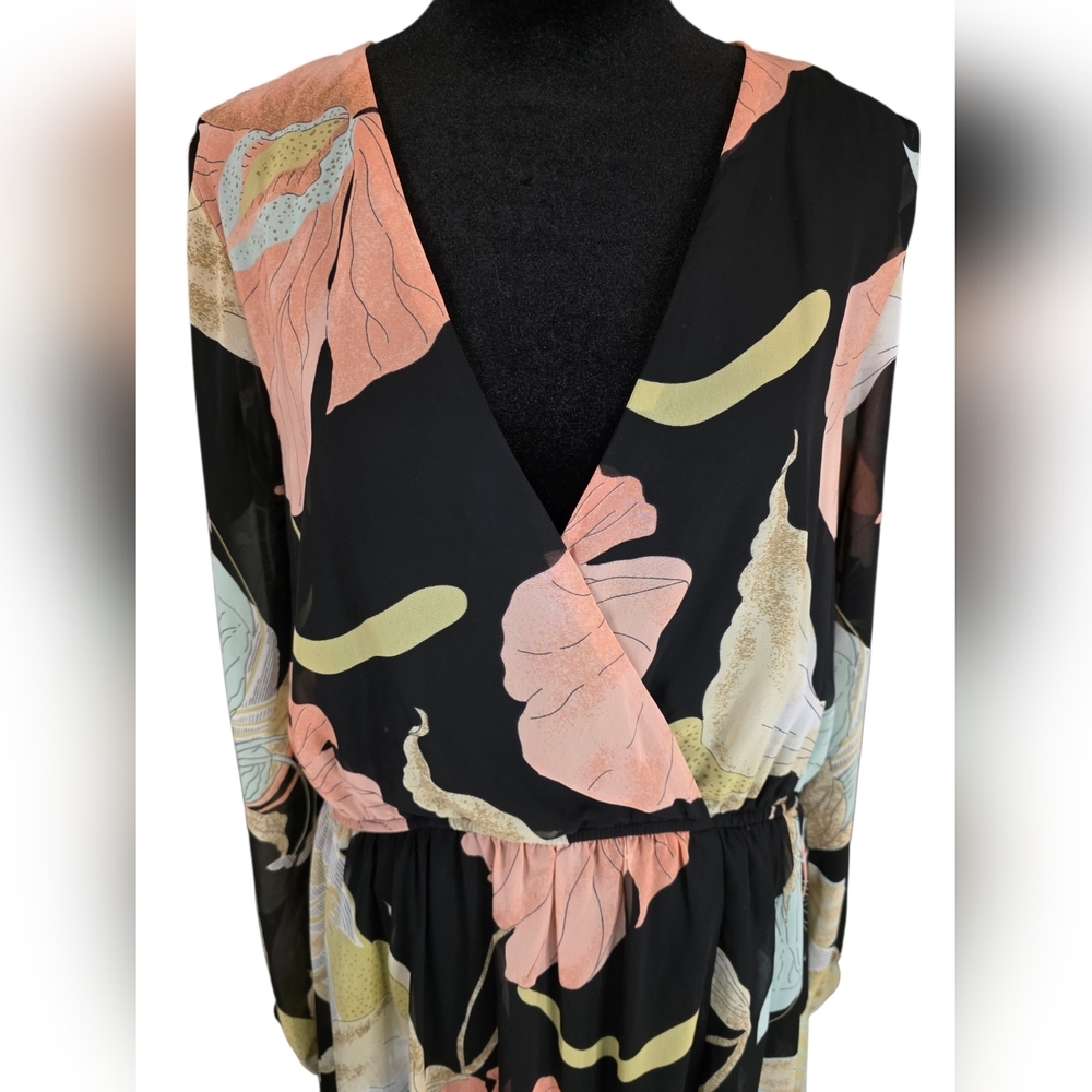 Lulus Wondrous Water Lilies Floral Maxi Dress XL Sheer Sleeve Front Leg Slit - Picture 3 of 10